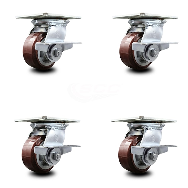 Service Caster 4 Inch Heavy Duty Polyurethane Caster Set with Roller Bearings and Brakes SCC SCC-35S420-PPUR-SLB-4 - main